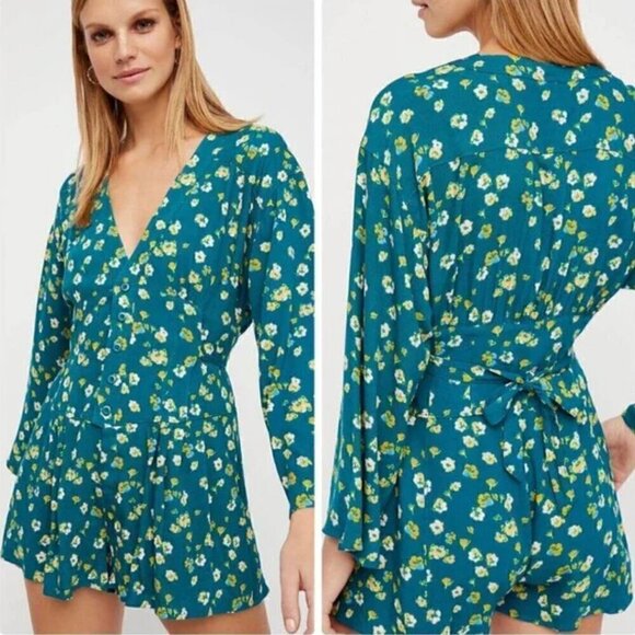 Free People L'Amour Printed Romper Size 0 Playsuit Teal Floral Long Sleeve - Picture 1 of 4